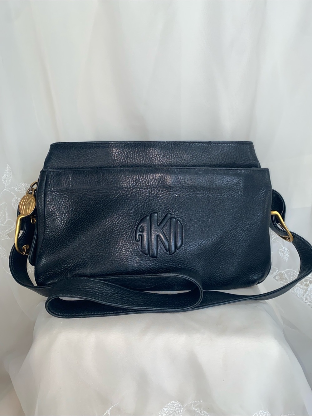 Vintage Anne Klein II Black Pebbled Leather Crossbody with Monogram